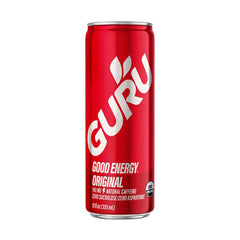 Guru Energy Drink can close-up highlighting organic blend for clean daytime energy