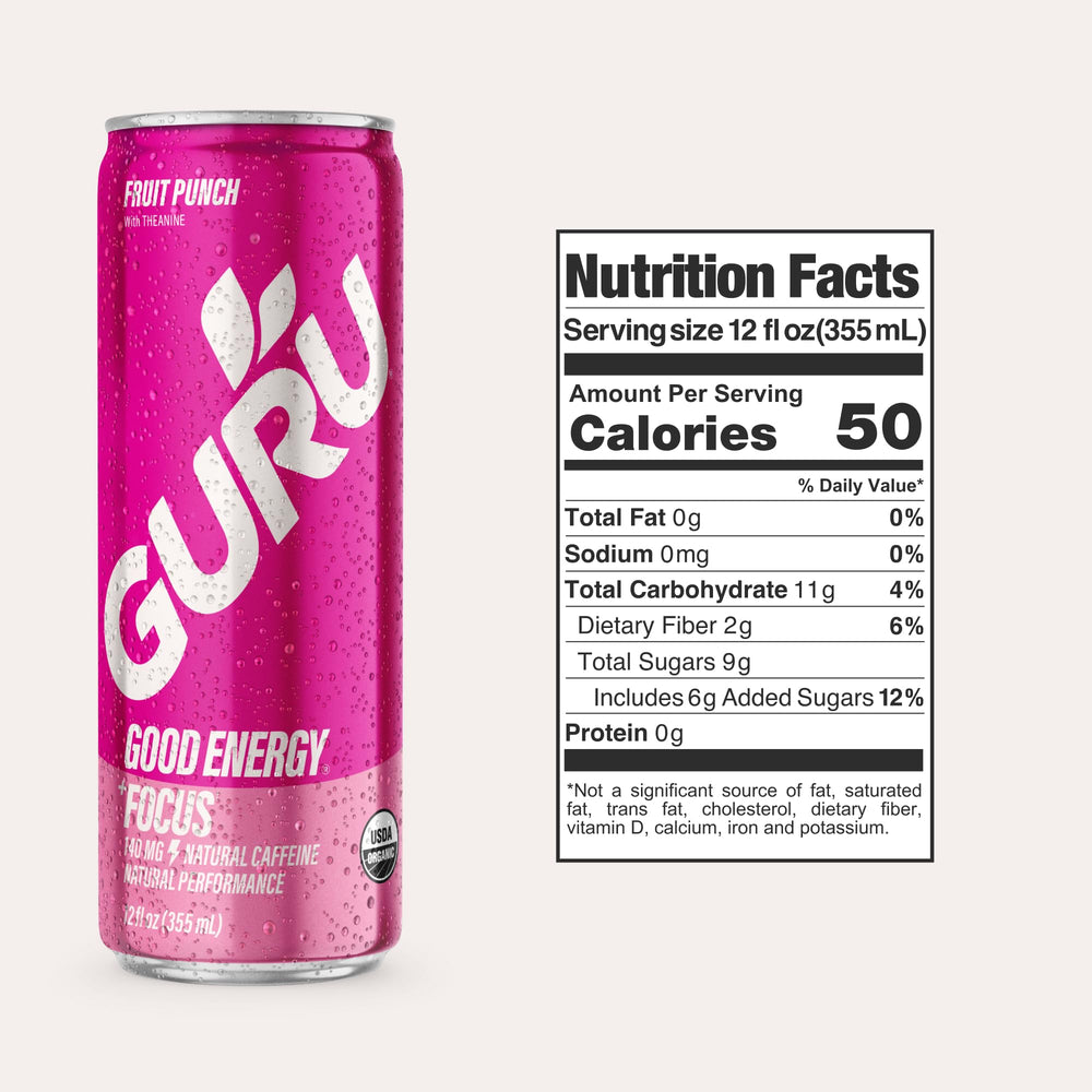 GURU Fruit Punch can back view highlighting clean ingredients and vegan energy