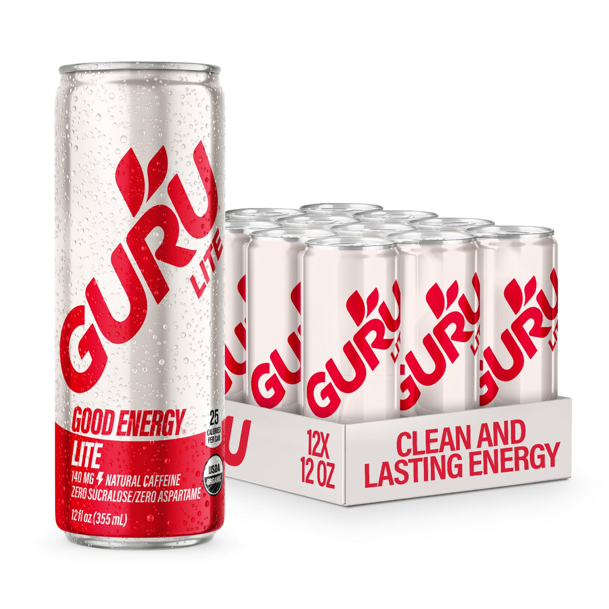 GURU Lite energy can front view showing clean, plant-based energy from organic ingredients