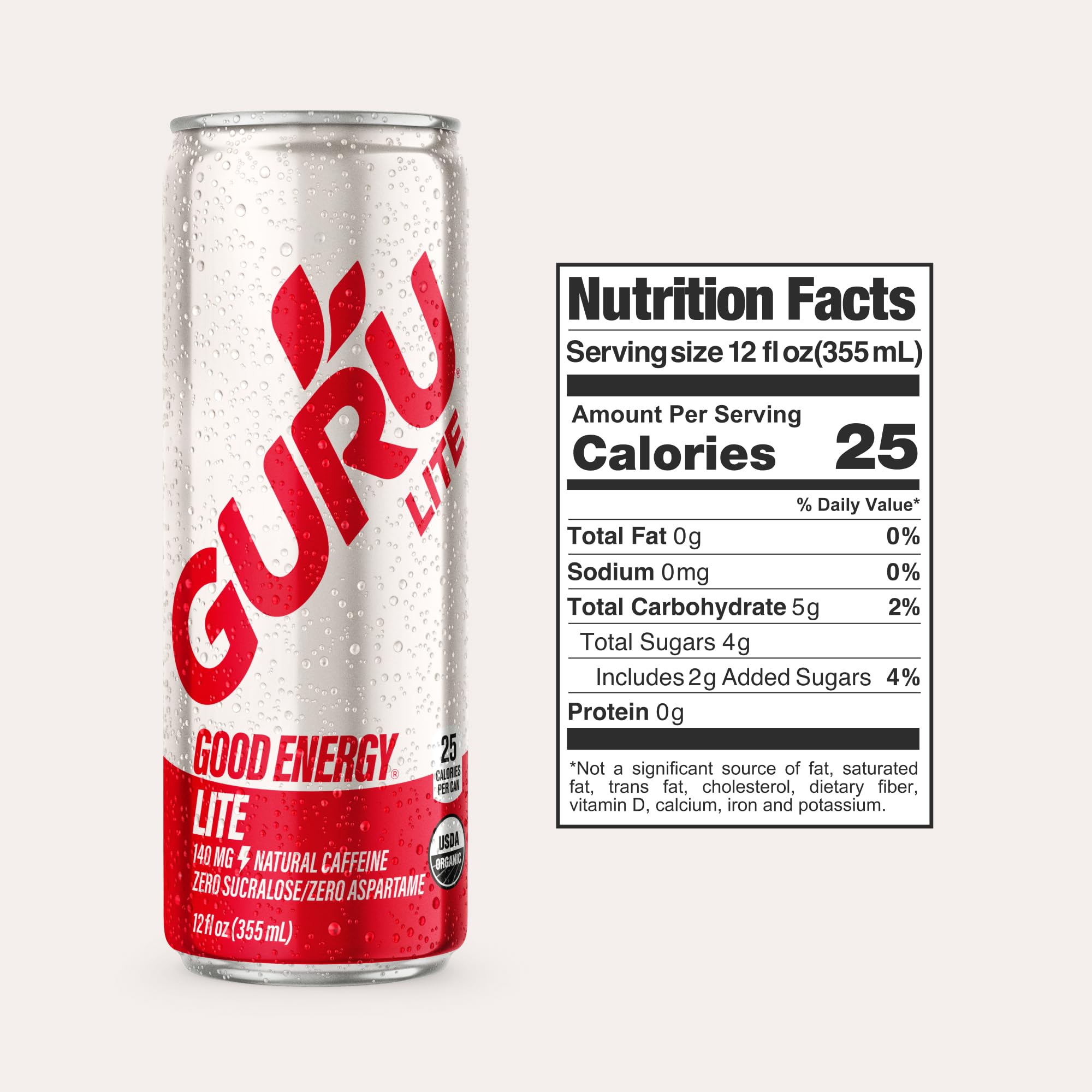 GURU Lite energy can side label highlights natural caffeine sources from green tea