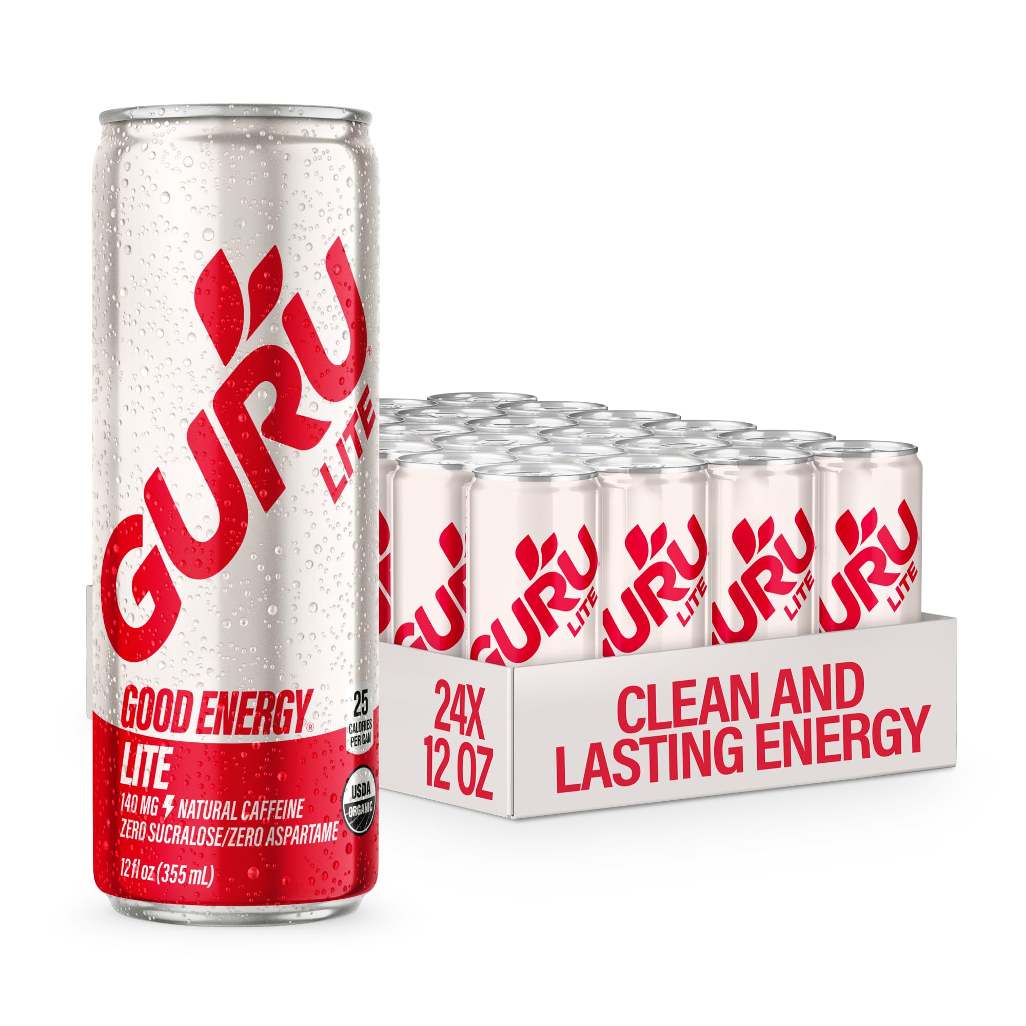 GURU Lite organic energy can with apple grape label boosts focus on the go