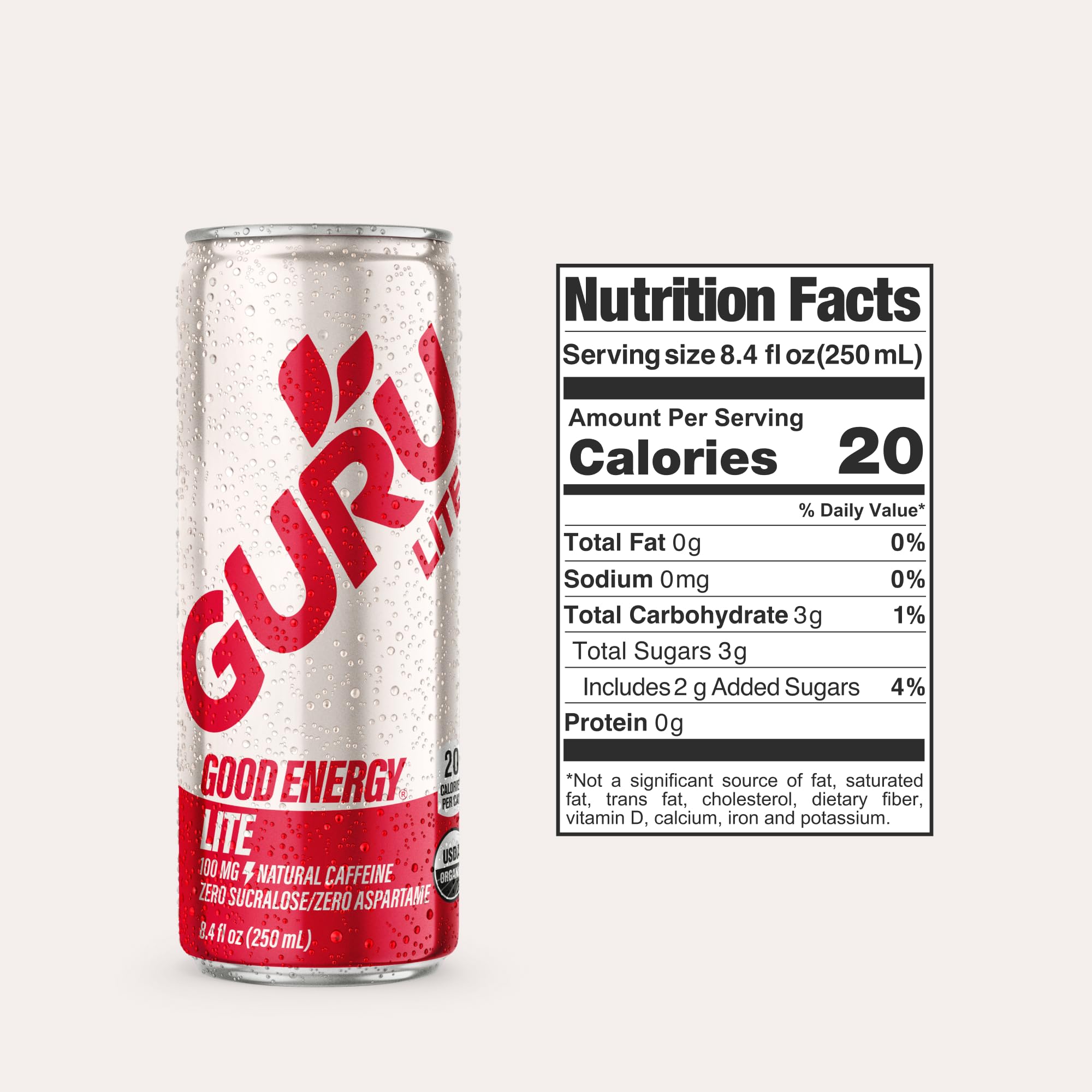 GURU Lite organic ingredients label highlights plant-based caffeine from green tea.