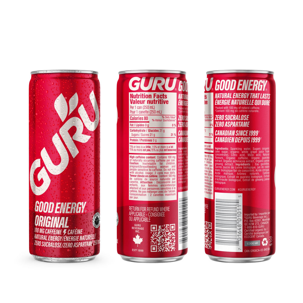 GURU natural caffeine from green tea and guarana visual emphasis