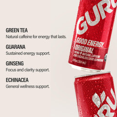 GURU Original energy can close-up showing organic label and ingredients