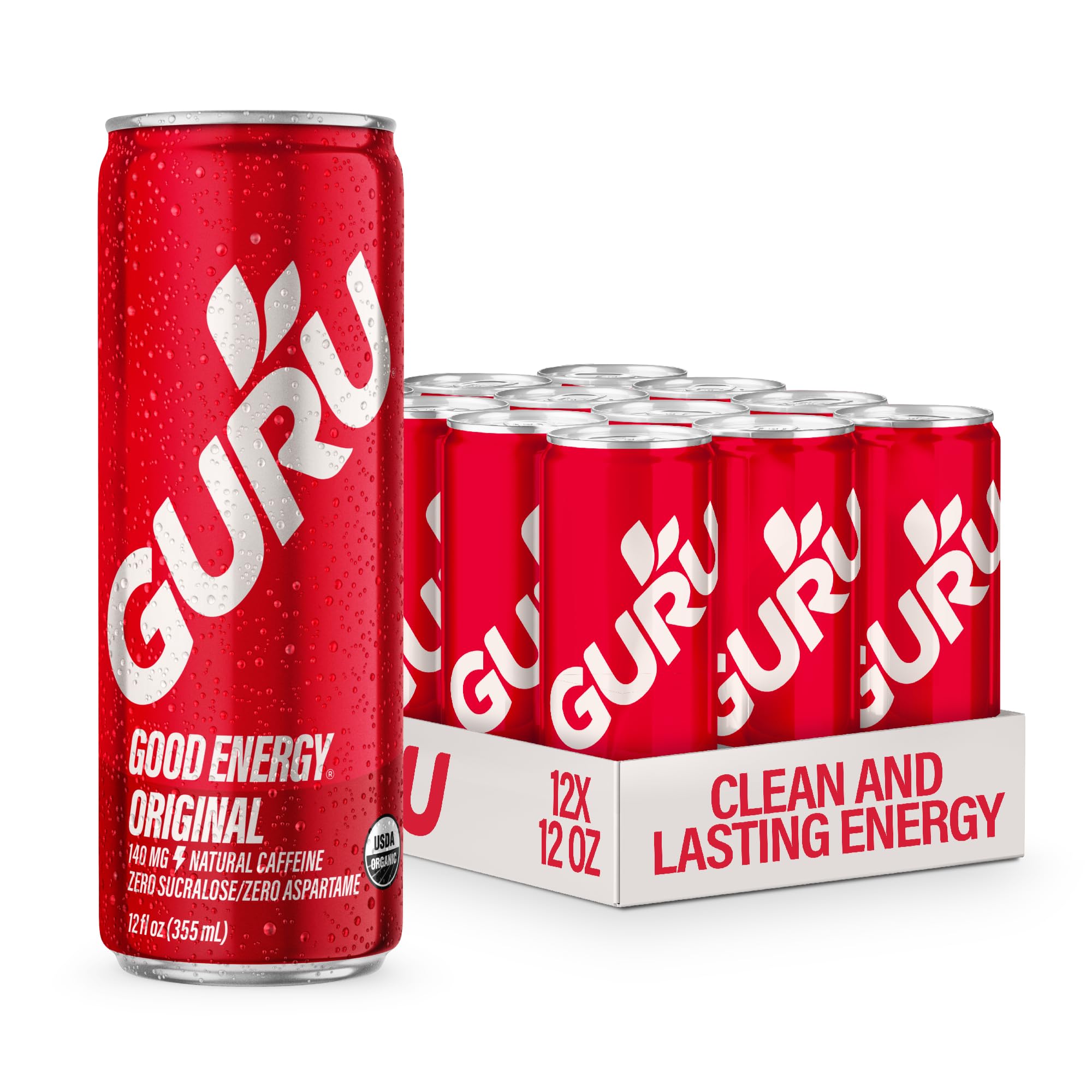GURU Original energy can front view showing plant-based caffeine for focused energy