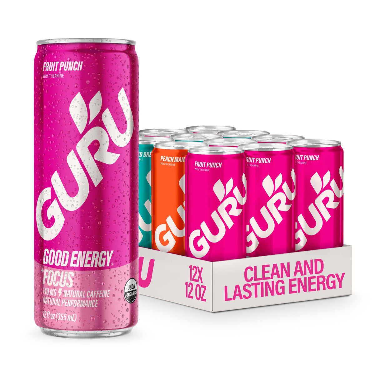 GURU PUNCH variety pack cans on shelf for a clean energy choice