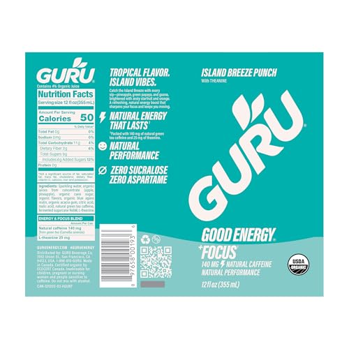 Close up showing zero artificial sweeteners in GURU PUNCH can