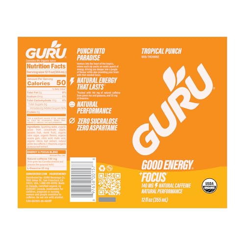 GURU logo on can emphasizing clean, plant-based energy.