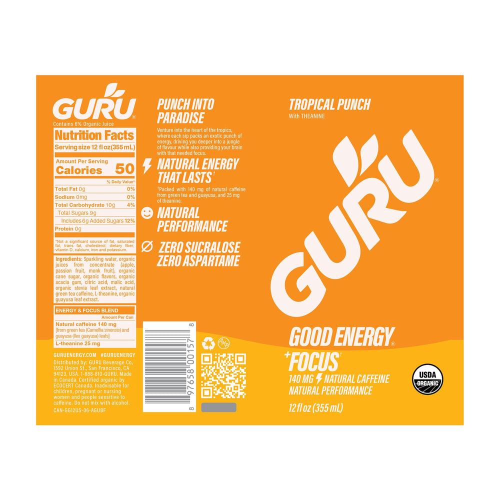 Caffeine spark visual for GURU Tropical Punch highlighting green tea caffeine
