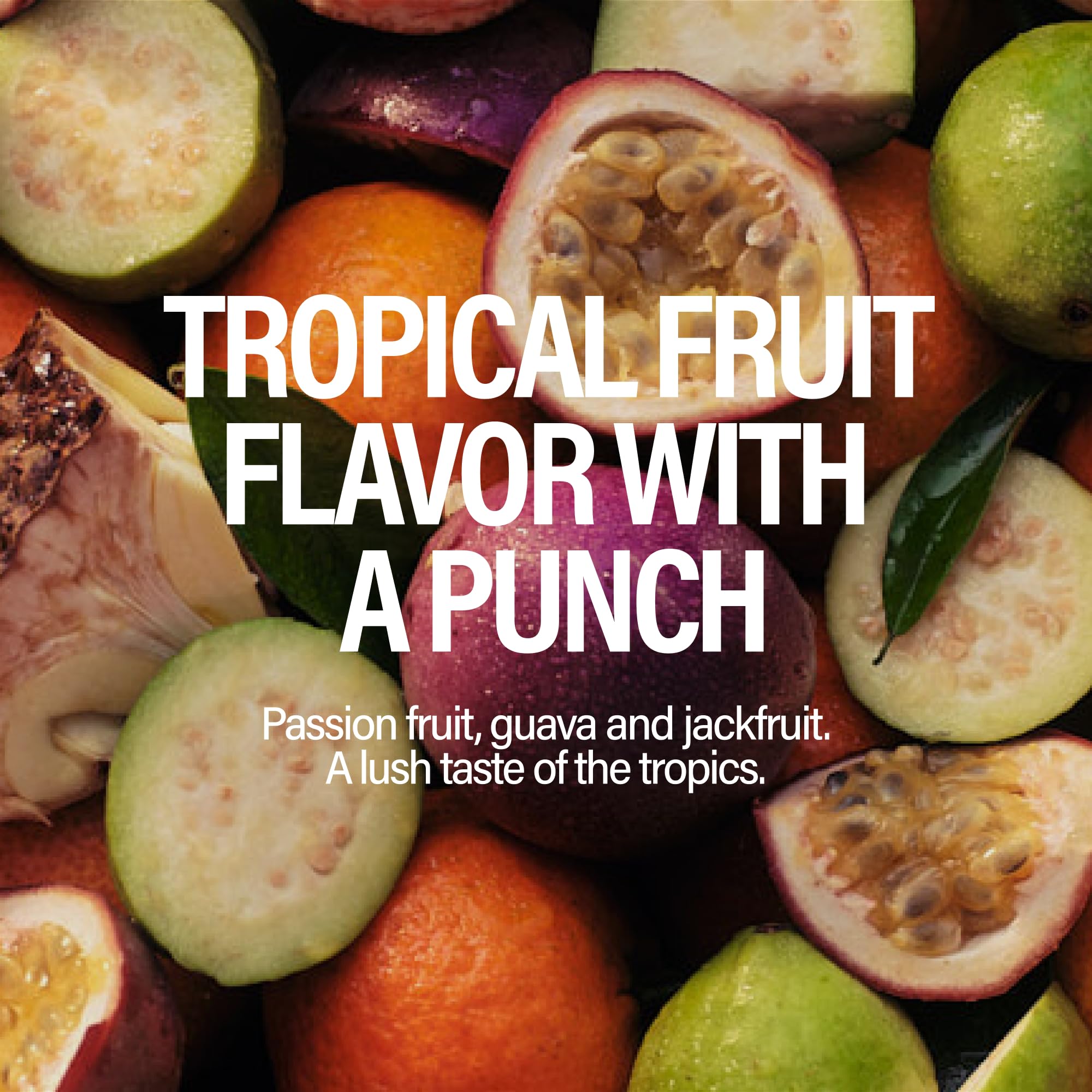 GURU Tropical Punch can with glass illustrating easy daily energy on the go