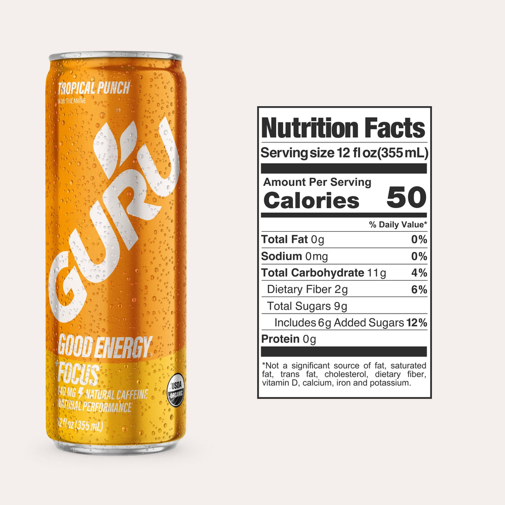 GURU Tropical Punch label close-up shows tropical fruit blend for a refreshing energy boost.