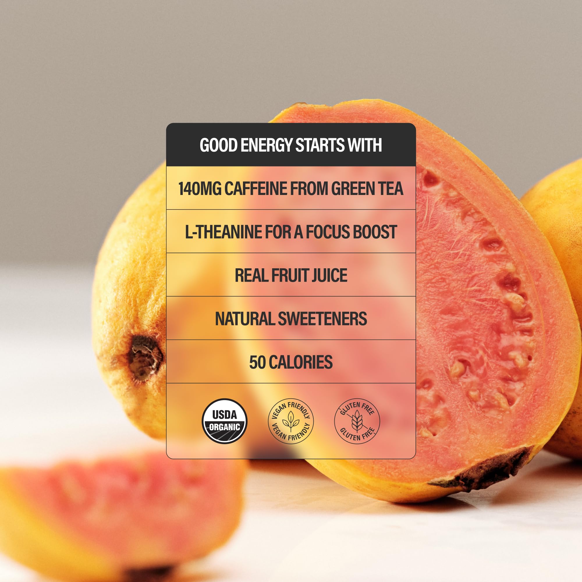 Label detail on GURU Tropical Punch emphasizing 140mg caffeine and L-Theanine