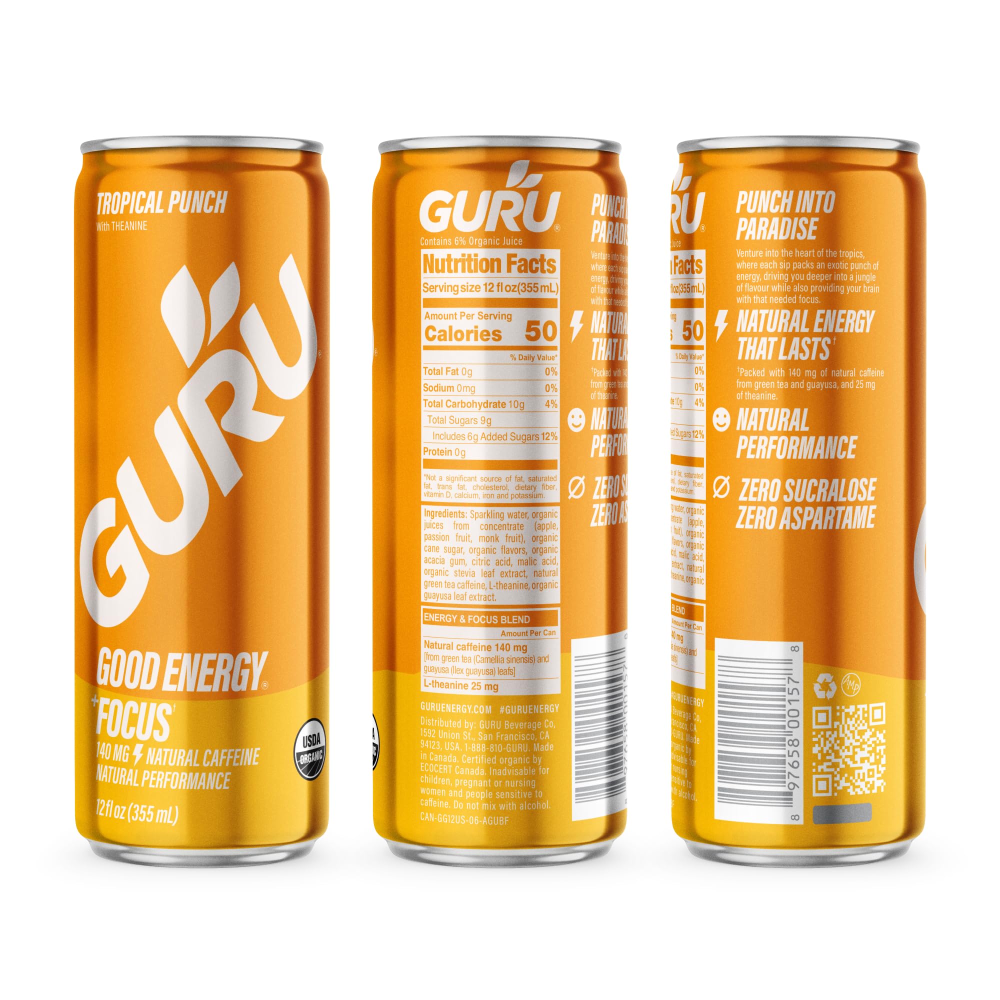 Vegan gluten-free non-GMO badge displayed on GURU Tropical Punch can.