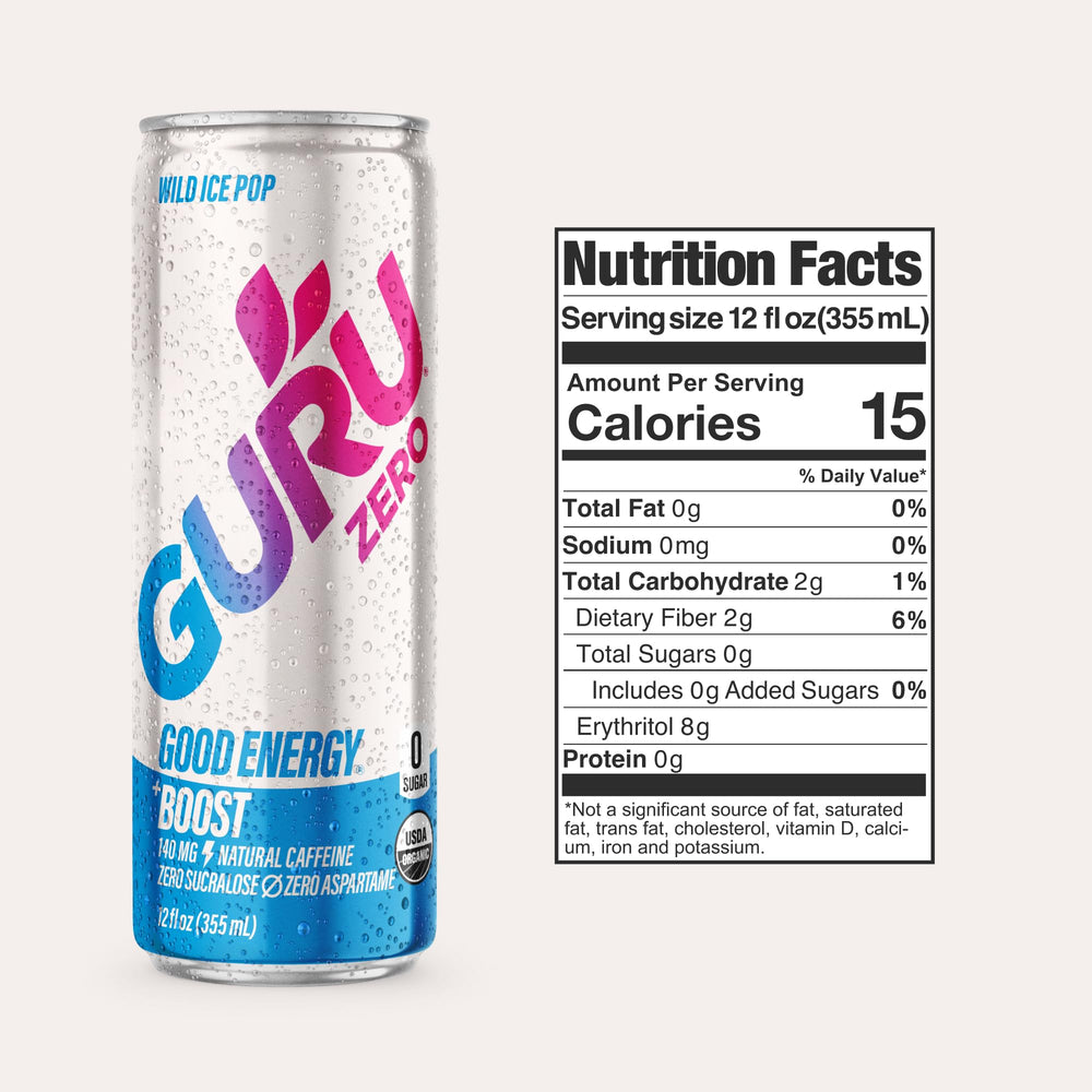 GURU Zero Sugar Wild Berry can highlights plant-based caffeine for steady performance