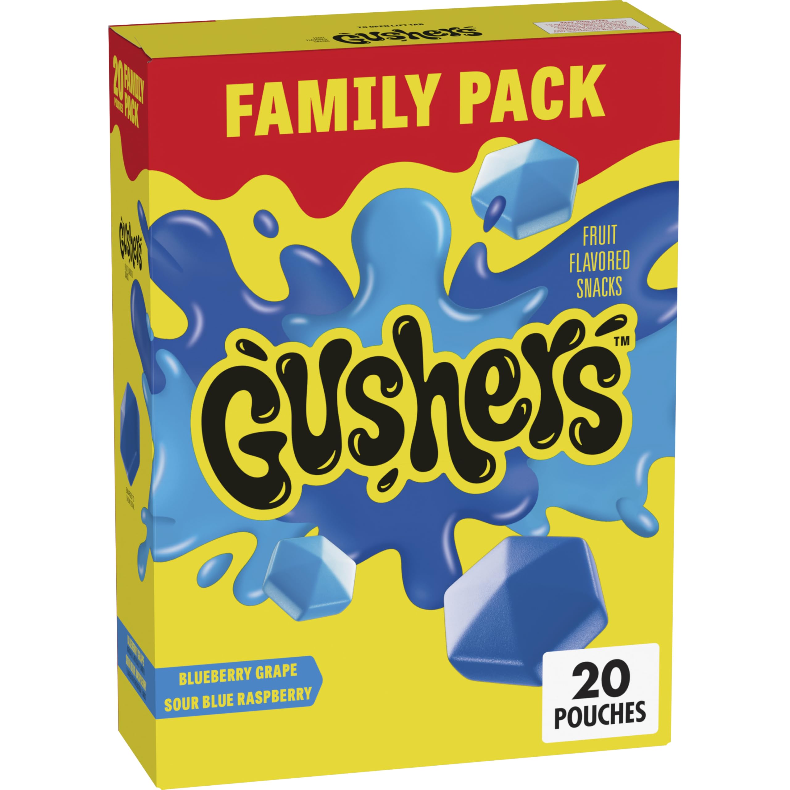 Gushers Blueberry Grape pouches highlight convenient, on-the-go fruit-flavored snack with a juicy center.