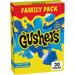 Gushers Blueberry Grape pouches highlight convenient, on-the-go fruit-flavored snack with a juicy center.