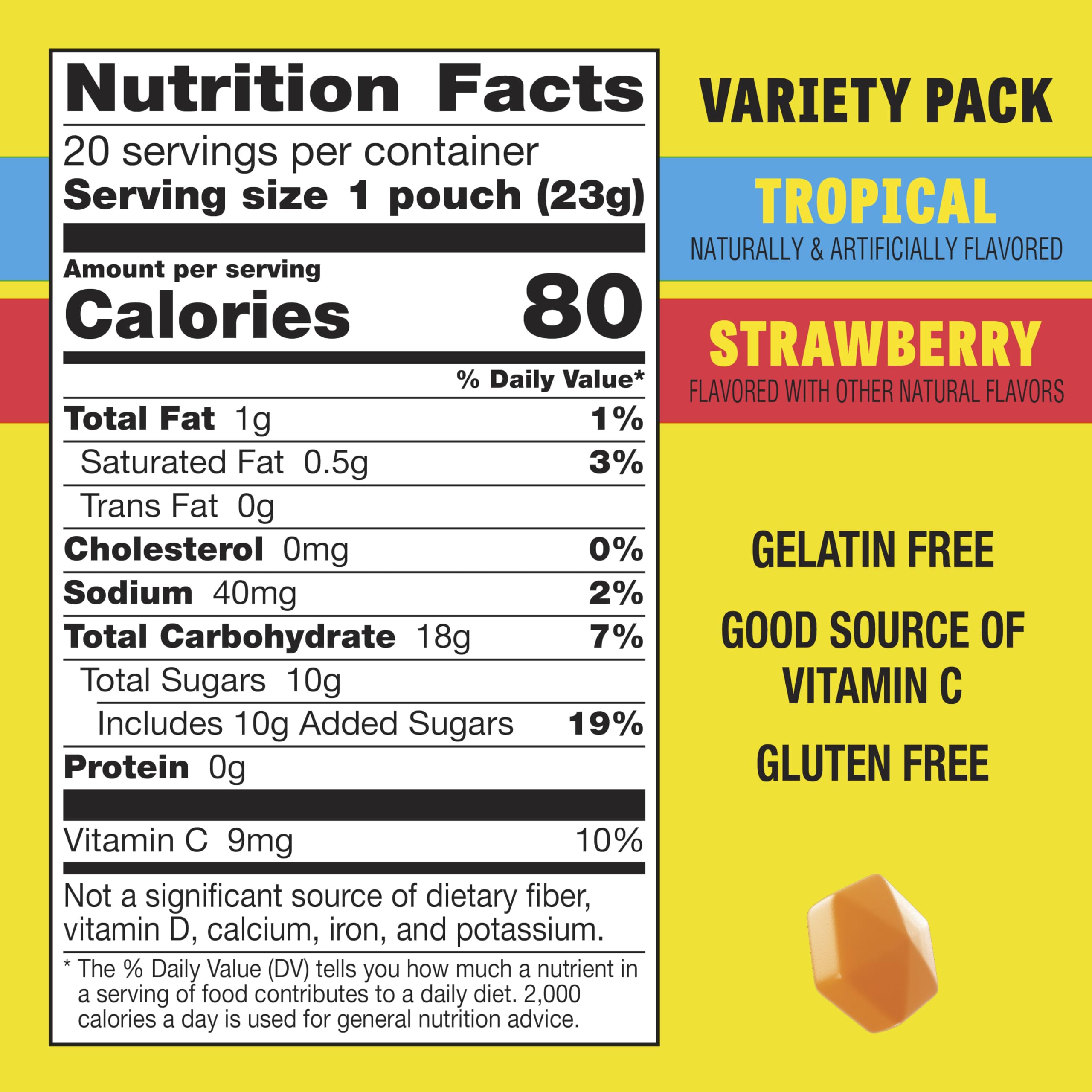 Gushers strawberry flavor pouch, juicy liquid center ideal for lunchboxes.