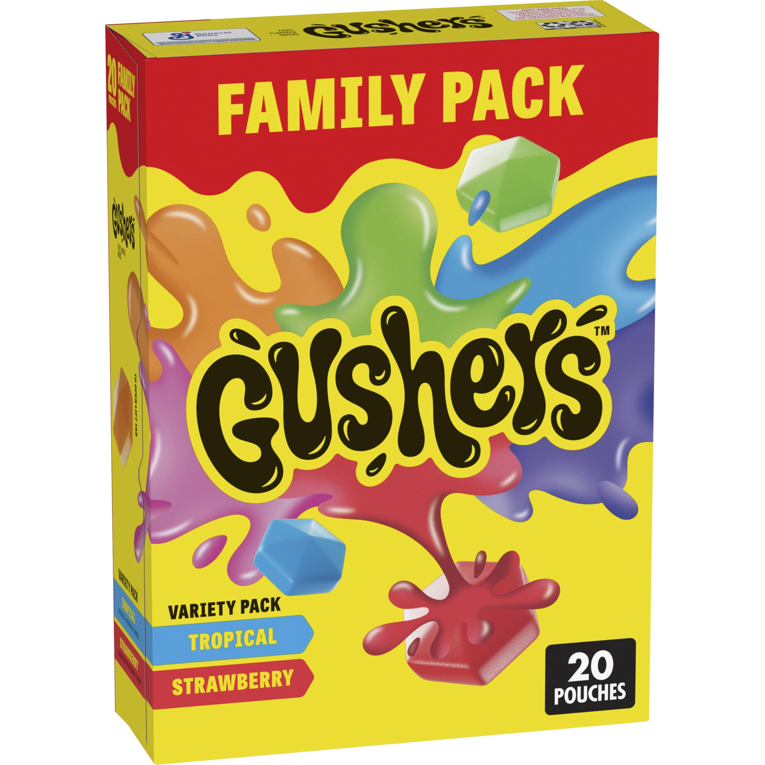 Gushers tropical flavor pouch close-up, gluten-free fruit snack for on-the-go.