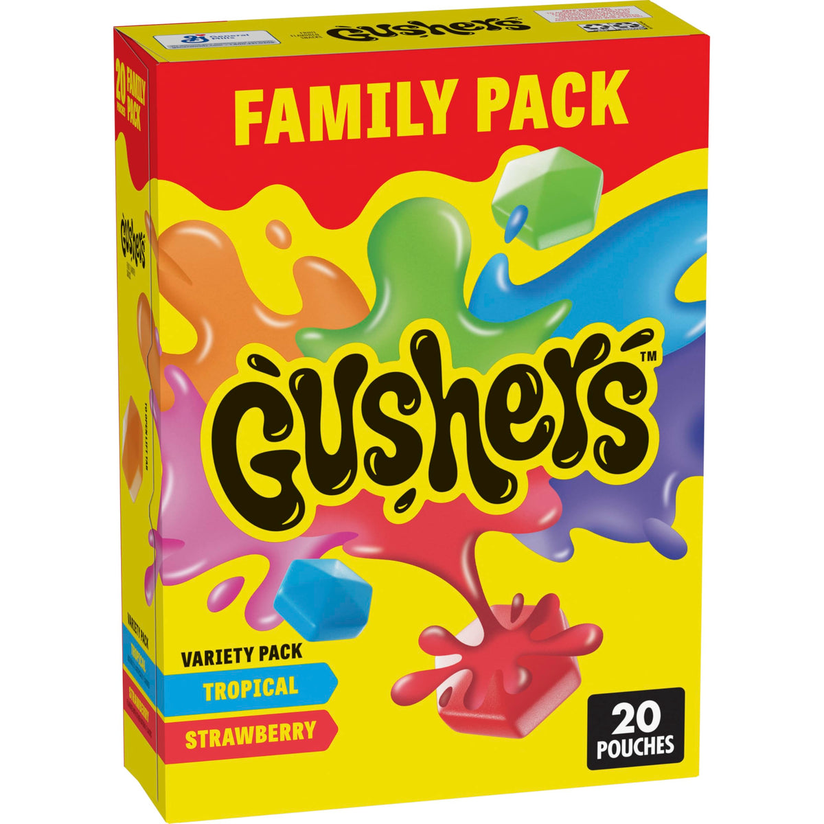 Gushers tropical flavor pouch close-up, gluten-free fruit snack for on-the-go.