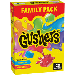 Gushers tropical flavor pouch close-up, gluten-free fruit snack for on-the-go.