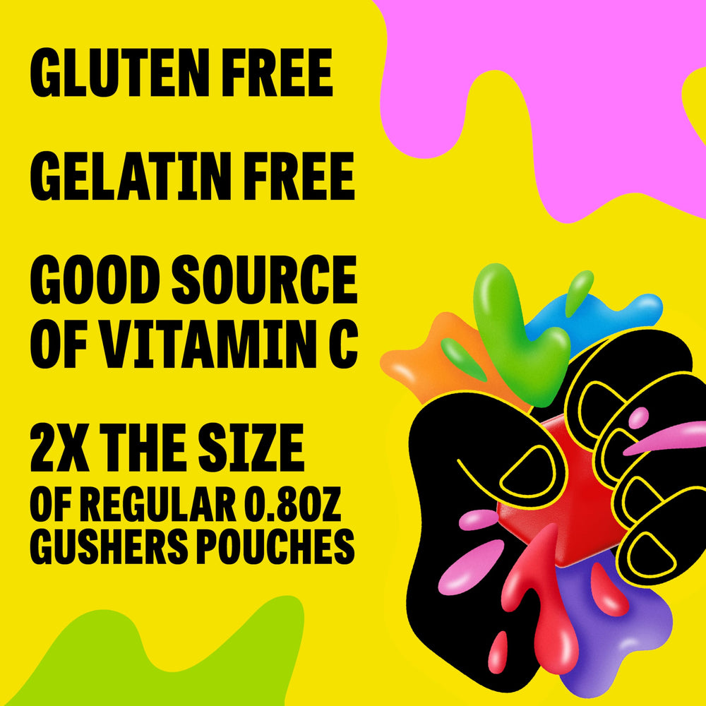 Gushers King Size Tropical pouch stacked, convenient bulk snack for families.