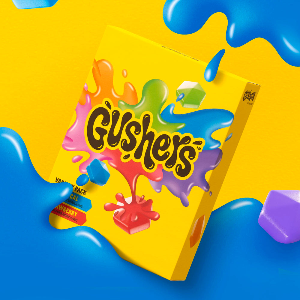 Gushers nutrition badge highlights gluten-free and vitamin C.