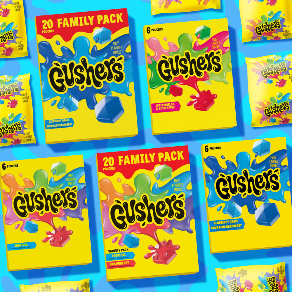 Gushers eight-pouch box ready for pantry stocking and sharing.