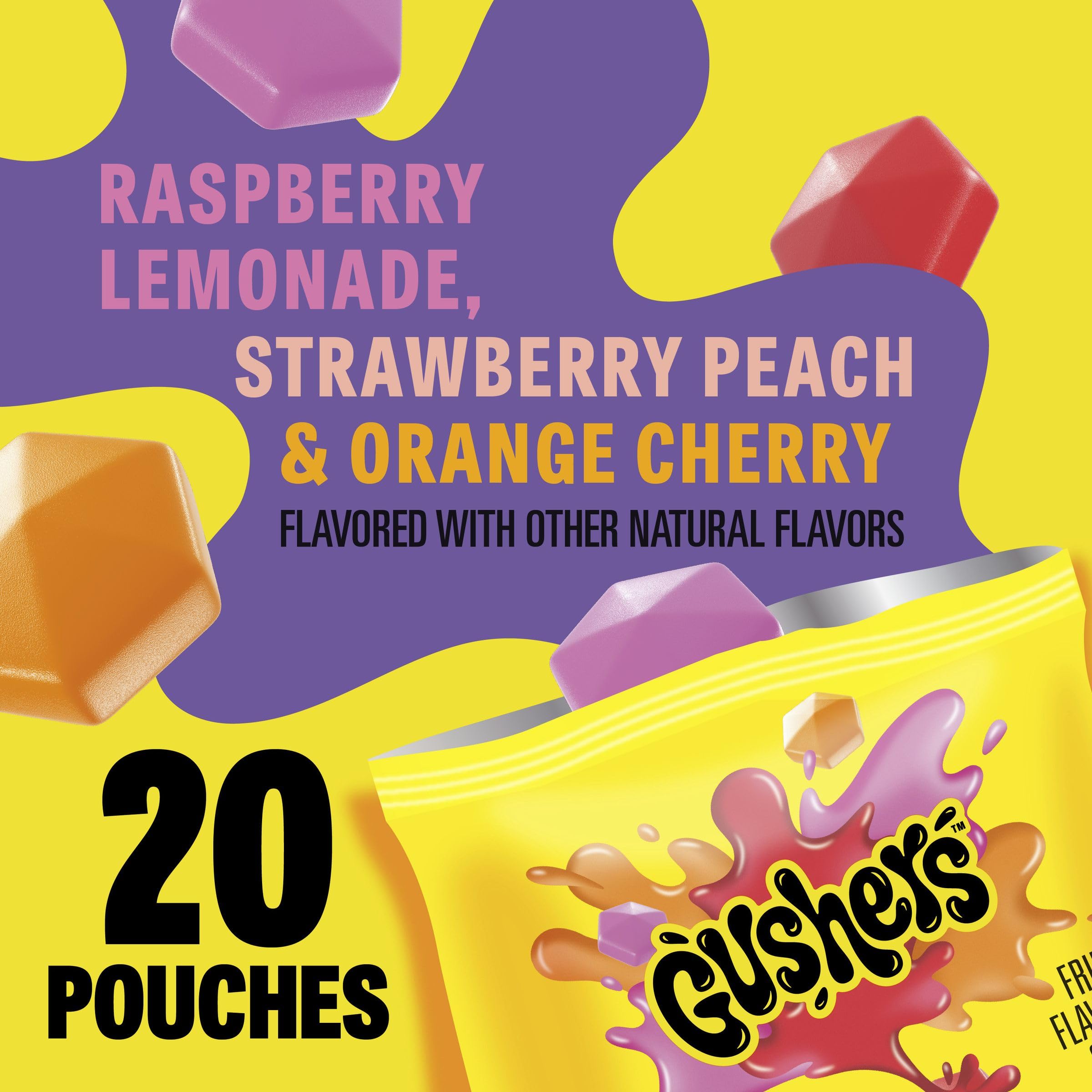 Gushers orange cherry pouch highlighting mixed flavors for a playful bite.