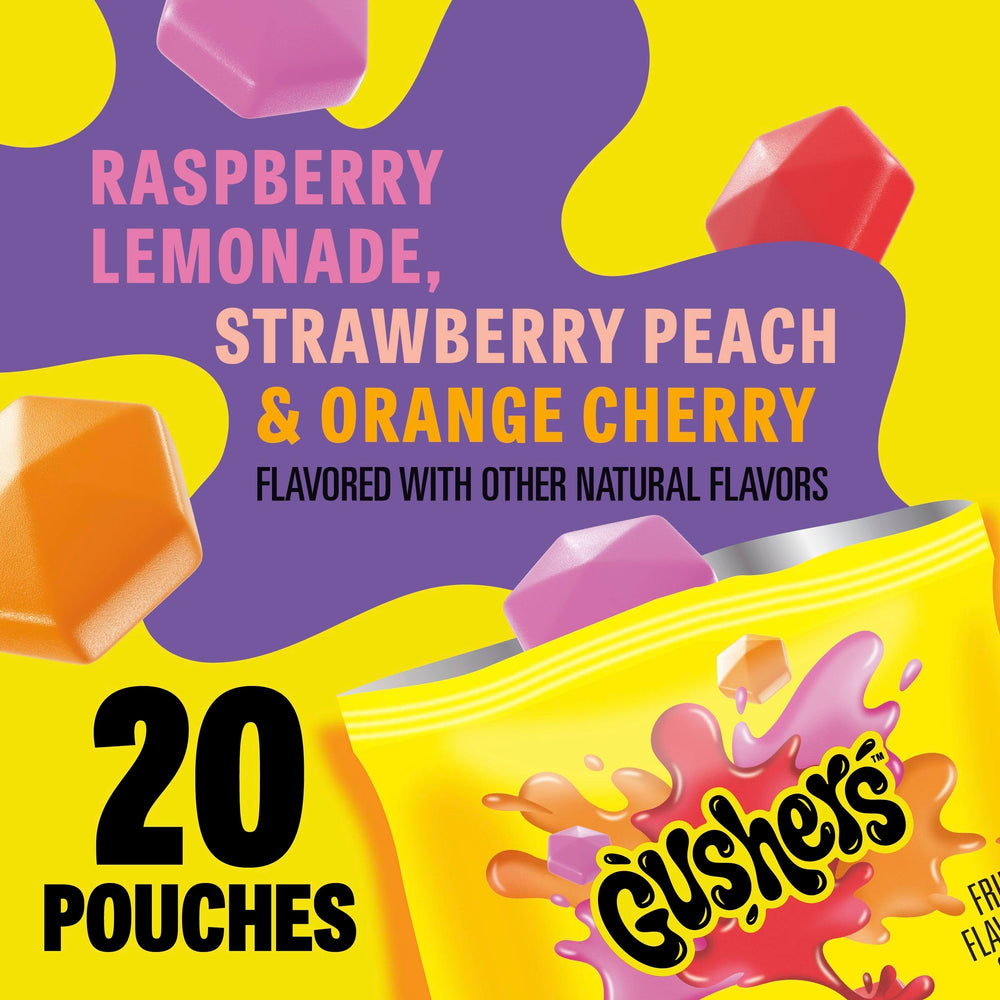 Gushers orange cherry pouch highlighting mixed flavors for a playful bite.