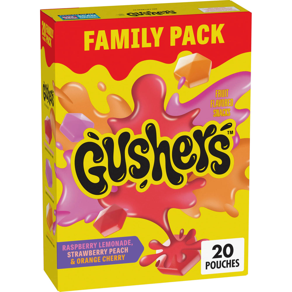 Gushers raspberry lemonade pouch with a juicy liquid center for a kid-friendly snack.