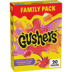 Gushers raspberry lemonade pouch with a juicy liquid center for a kid-friendly snack.