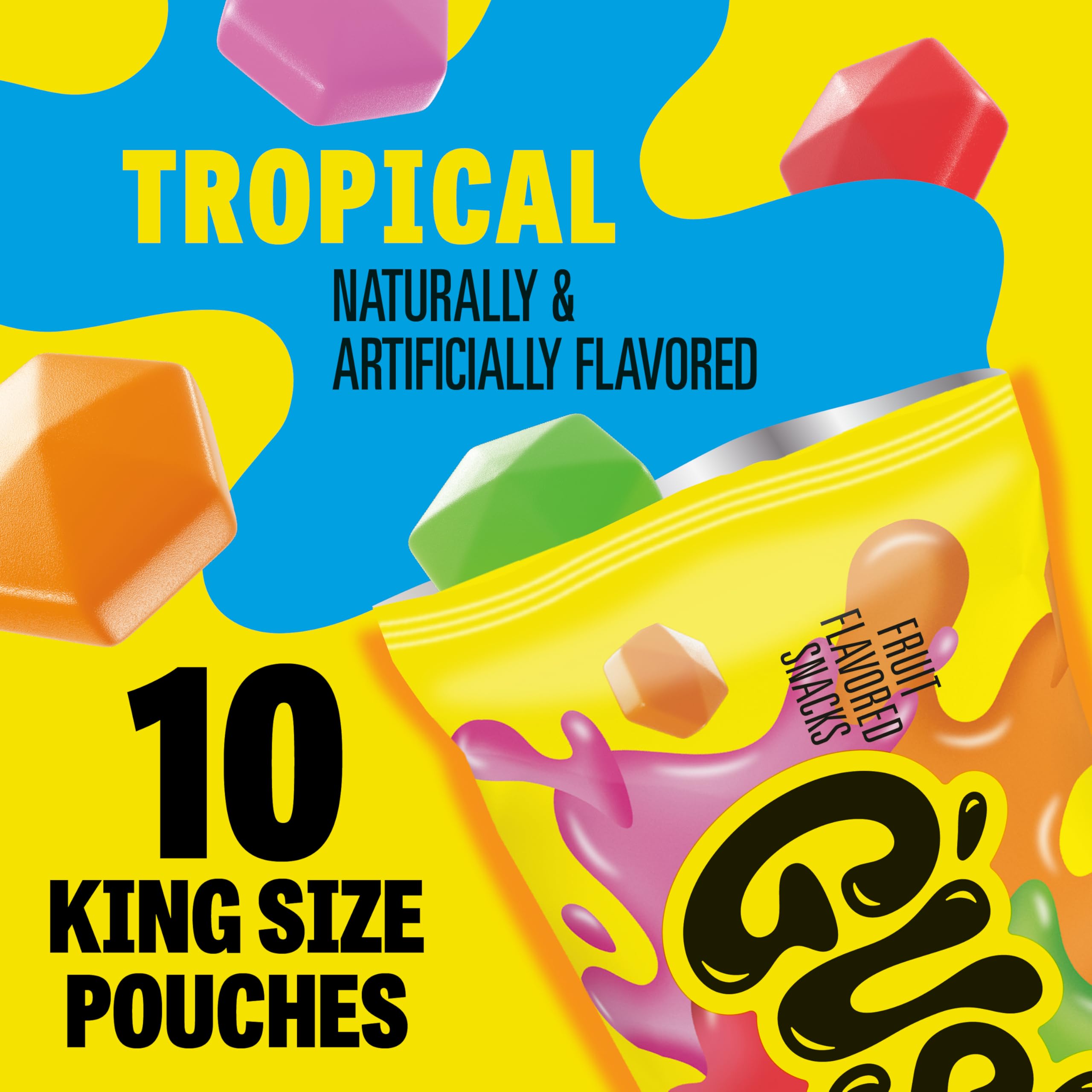 Gushers Tropical flavor pouch open, easy snack on the go for kids.