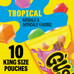 Gushers Tropical flavor pouch open, easy snack on the go for kids.