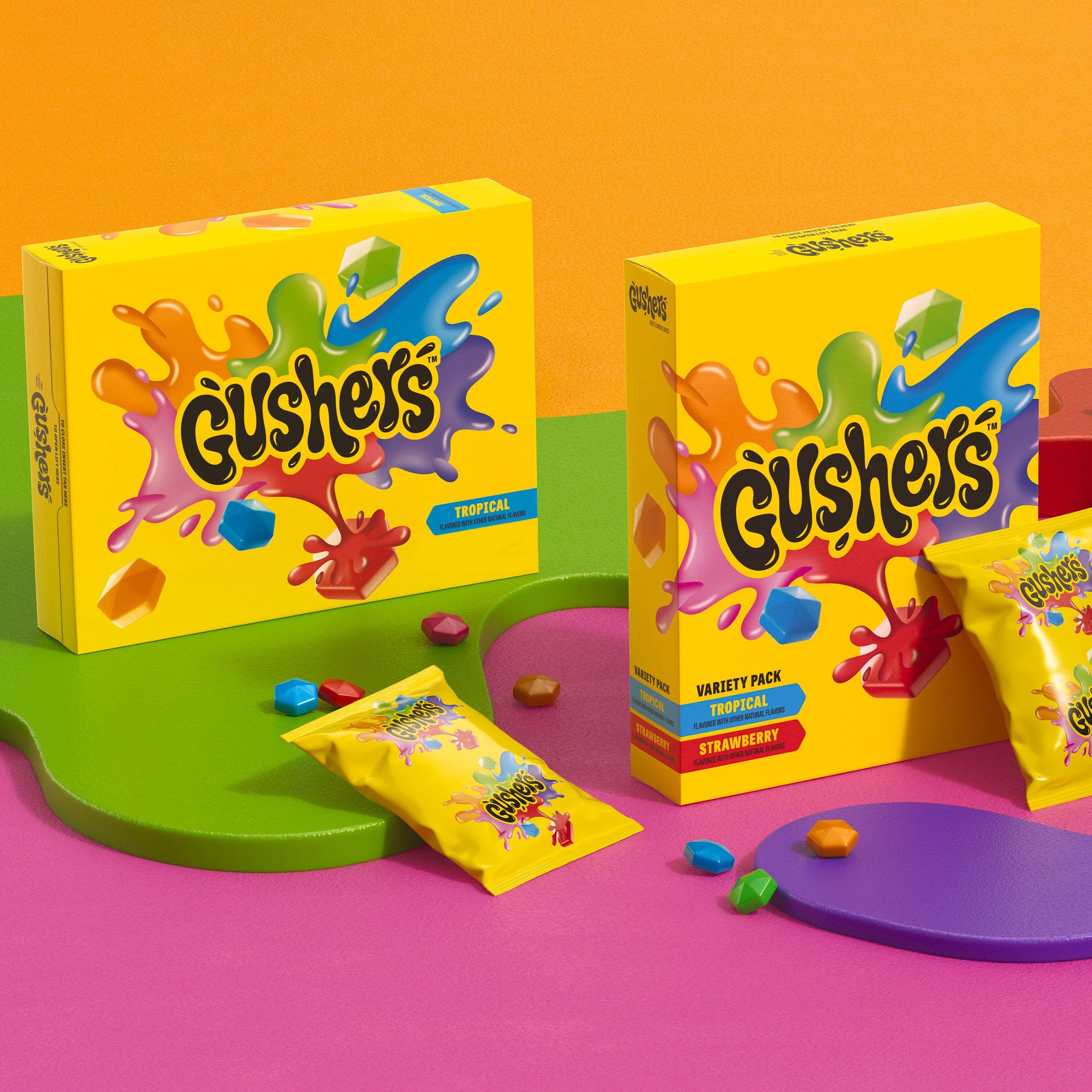 Gushers Tropical fruit snacks box six-pack, convenient for families.