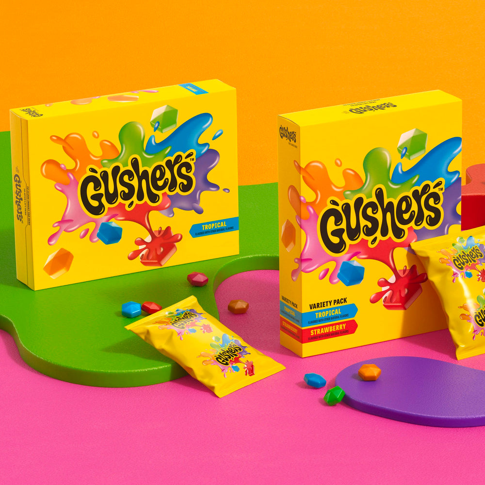 Gushers Tropical fruit snacks box six-pack, convenient for families.