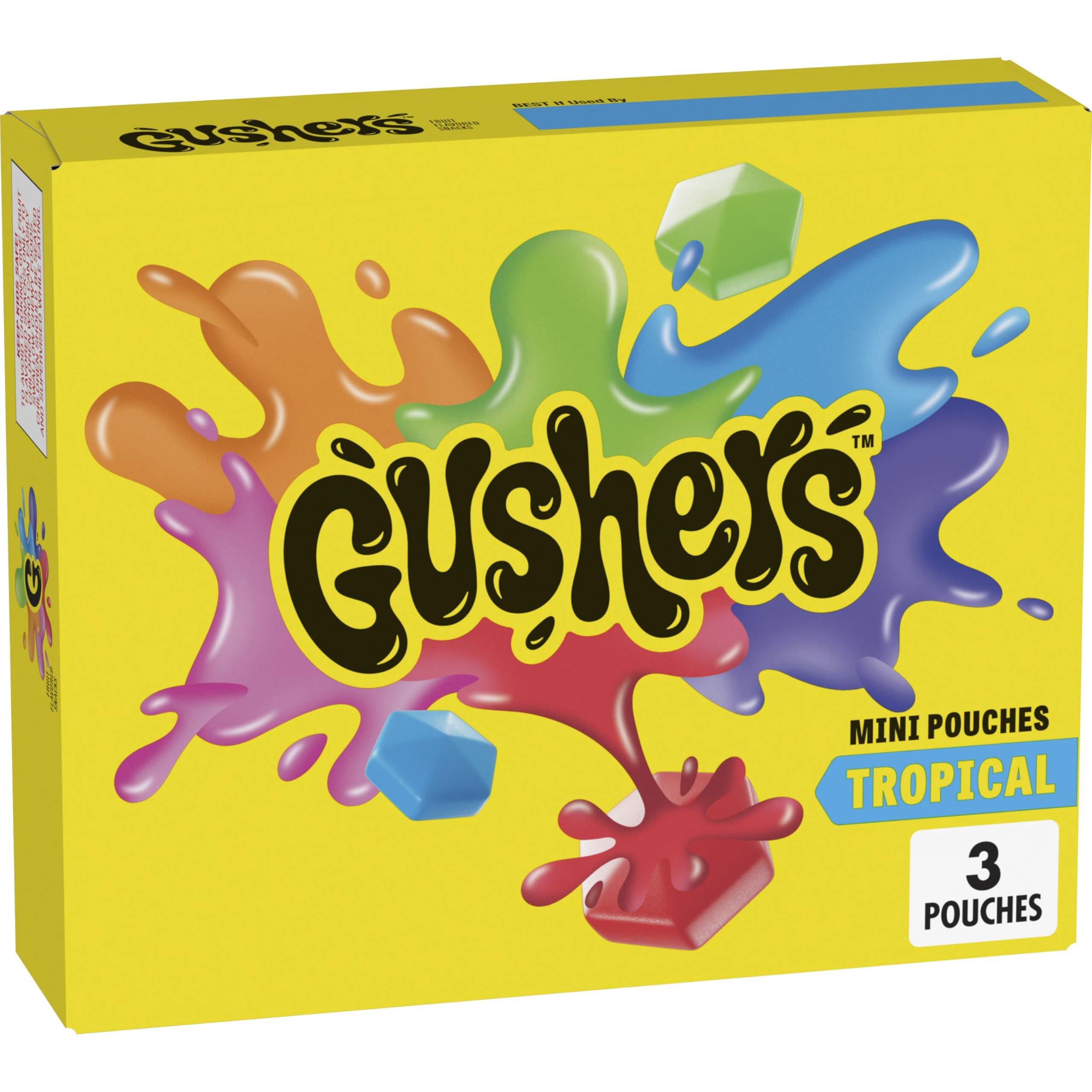 Gushers Tropical Fruit Snacks box front with three mini pouches, ideal for lunch boxes.