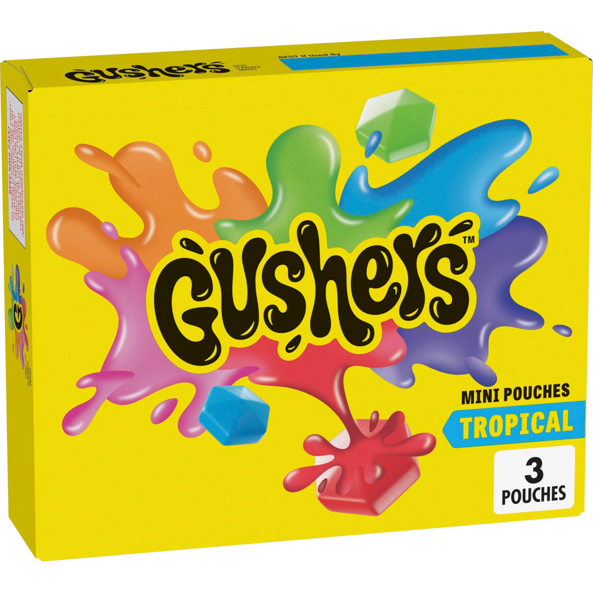 Gushers Tropical Fruit Snacks box front with three mini pouches, ideal for lunch boxes.