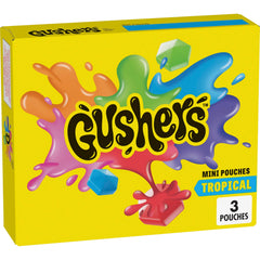 Gushers Tropical Fruit Snacks box front with three mini pouches, ideal for lunch boxes.