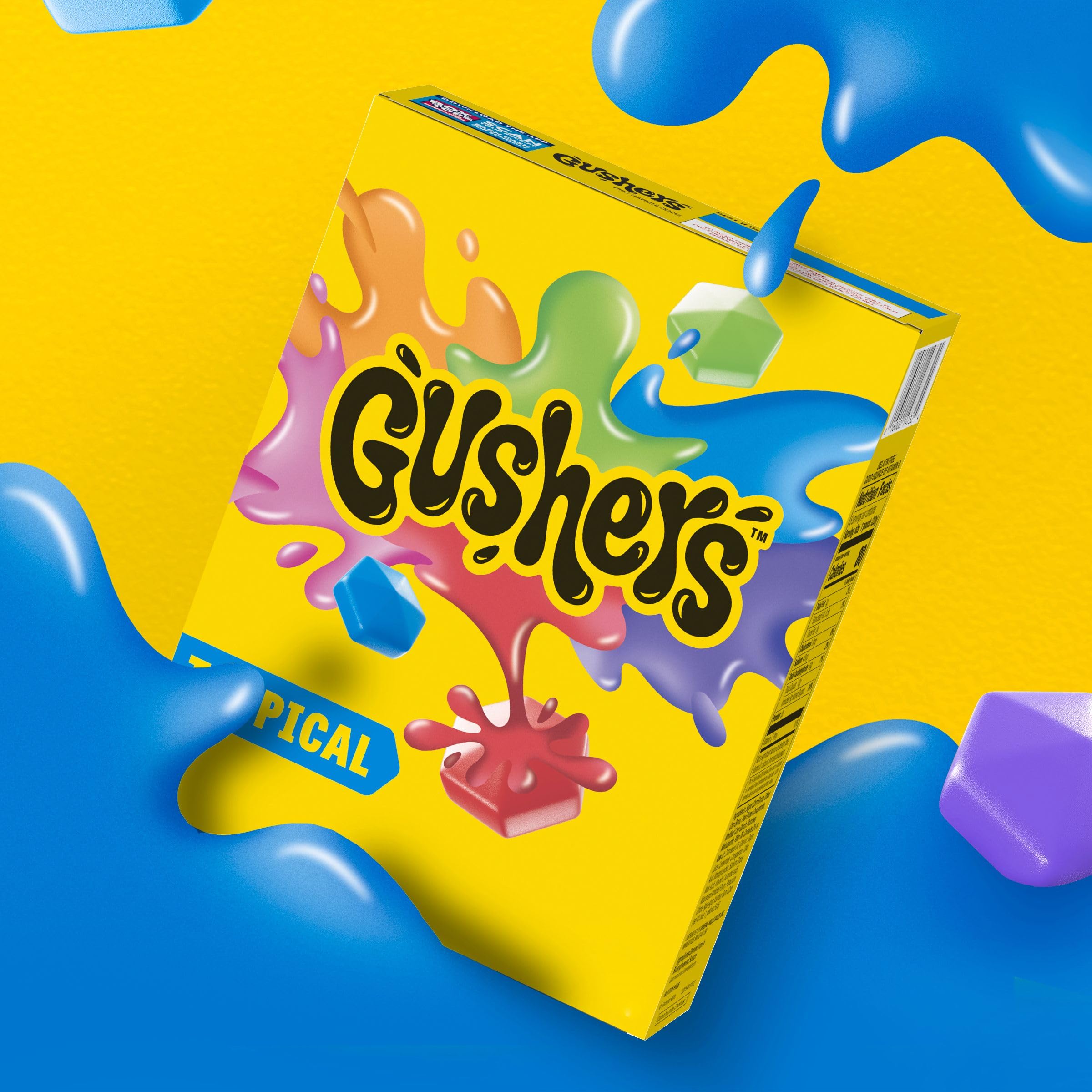 Gushers Tropical fruit snacks bursting liquid center hints at refreshing tropical taste.