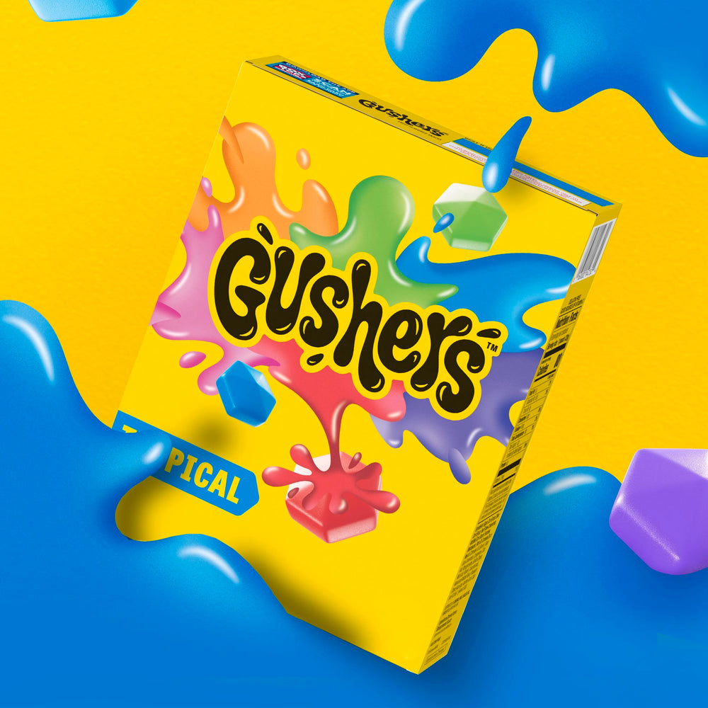 Gushers Tropical fruit snacks bursting liquid center hints at refreshing tropical taste.