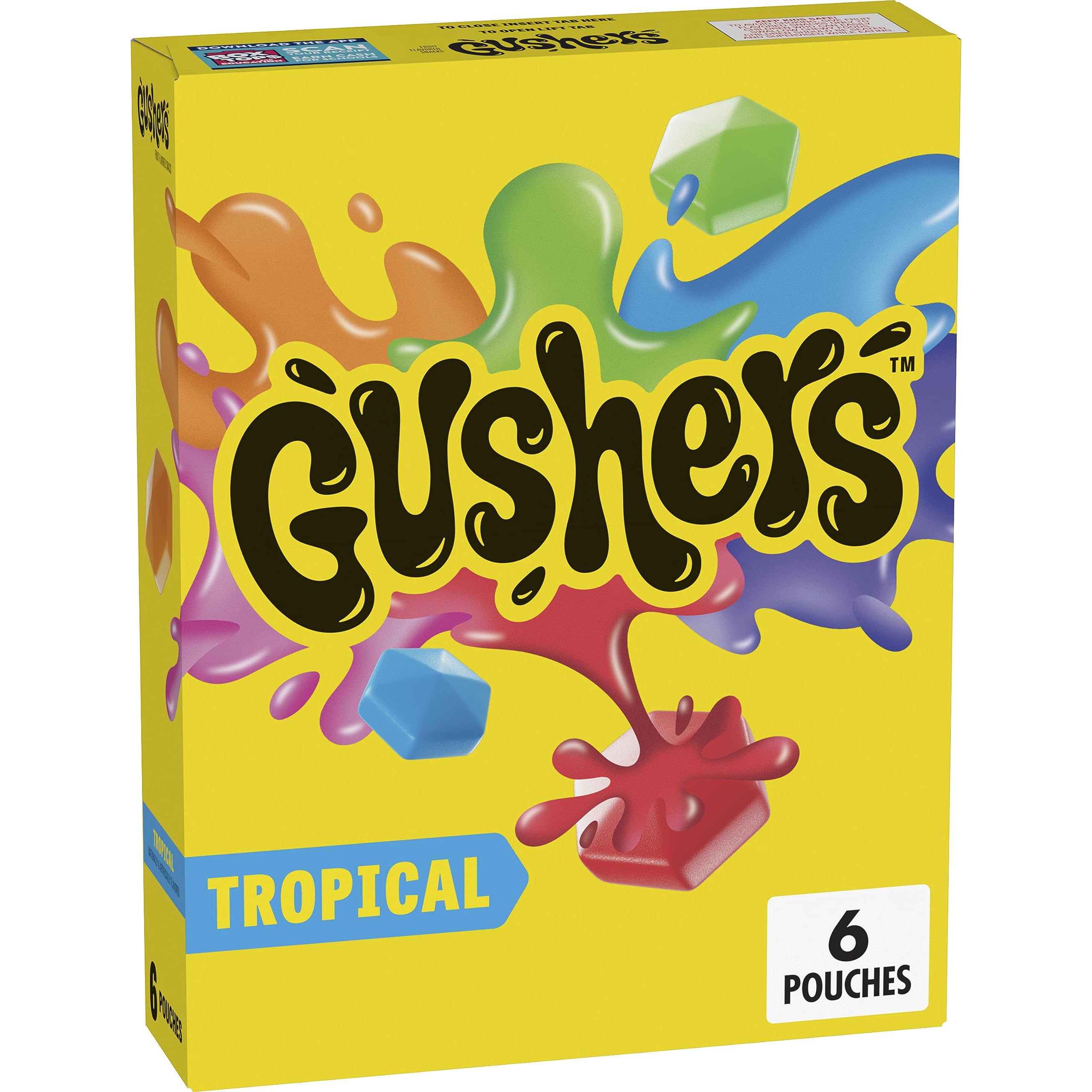Gushers Tropical packaging on shelf, gluten-free snack option for busy families.