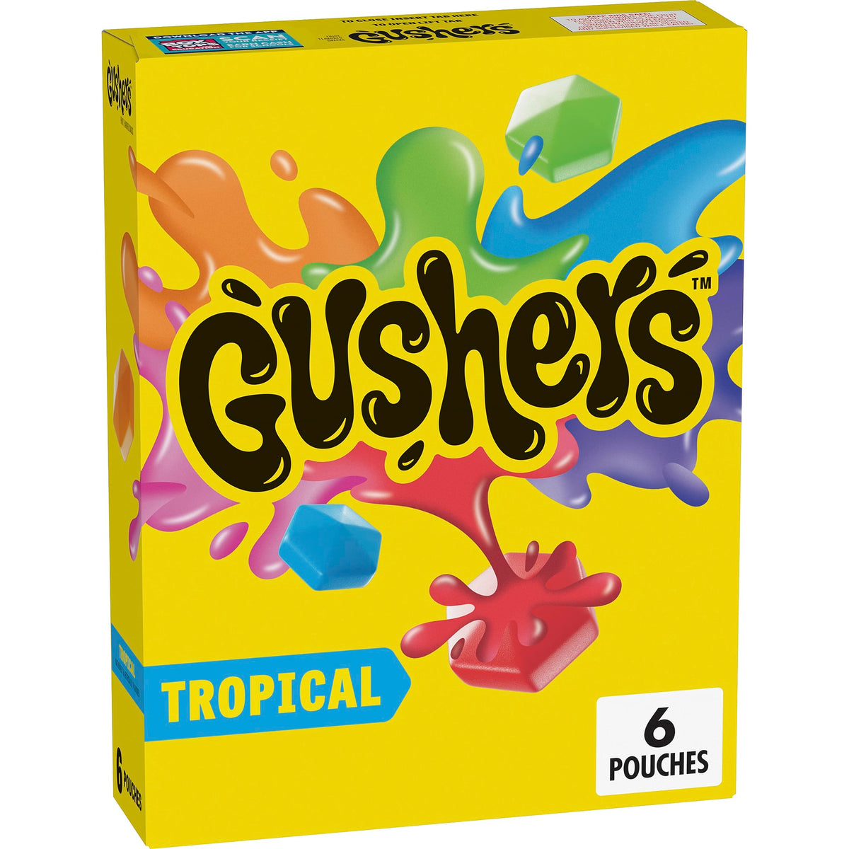 Gushers Tropical packaging on shelf, gluten-free snack option for busy families.