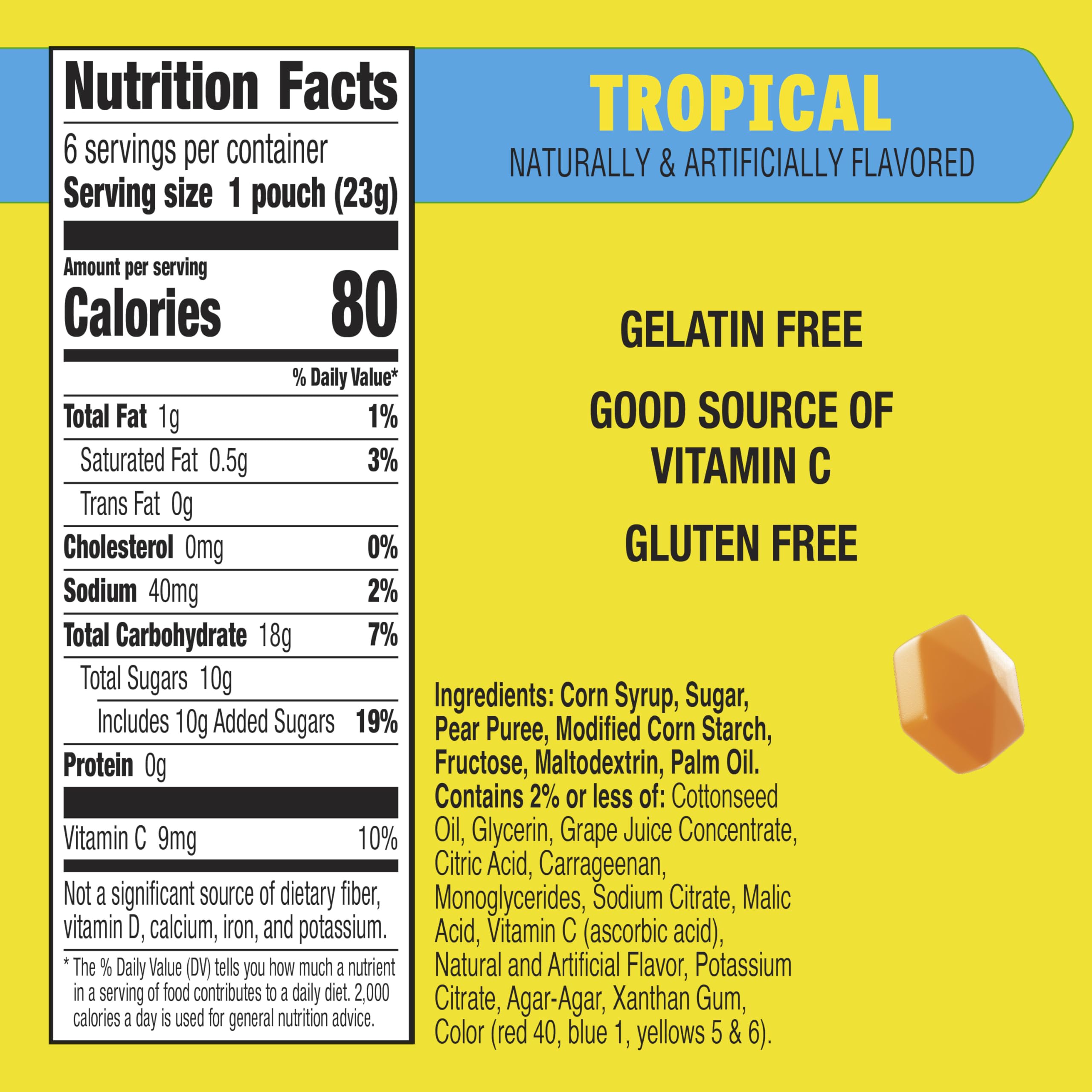 Gushers Tropical fruit snacks pouch opened showing juicy center and bursting flavor.