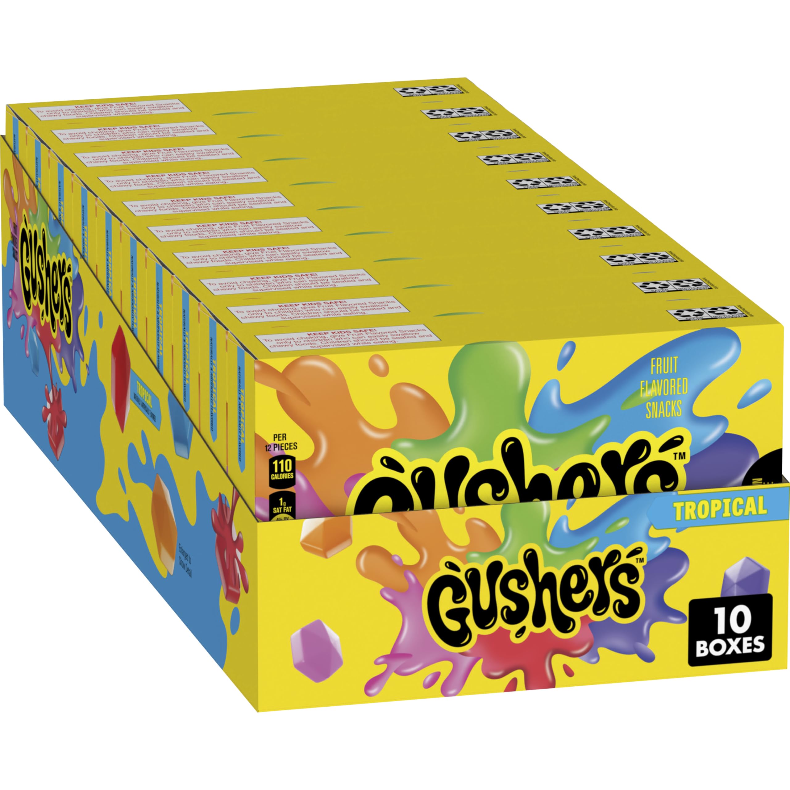 Gushers Tropical Movie Box mini pouch bursts with fruity center for a fun snack on the go