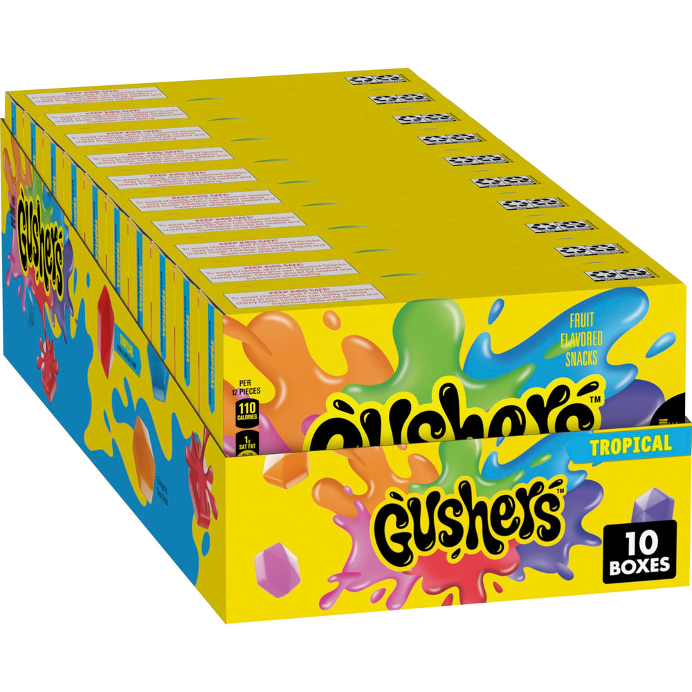 Gushers Tropical Movie Box mini pouch bursts with fruity center for a fun snack on the go