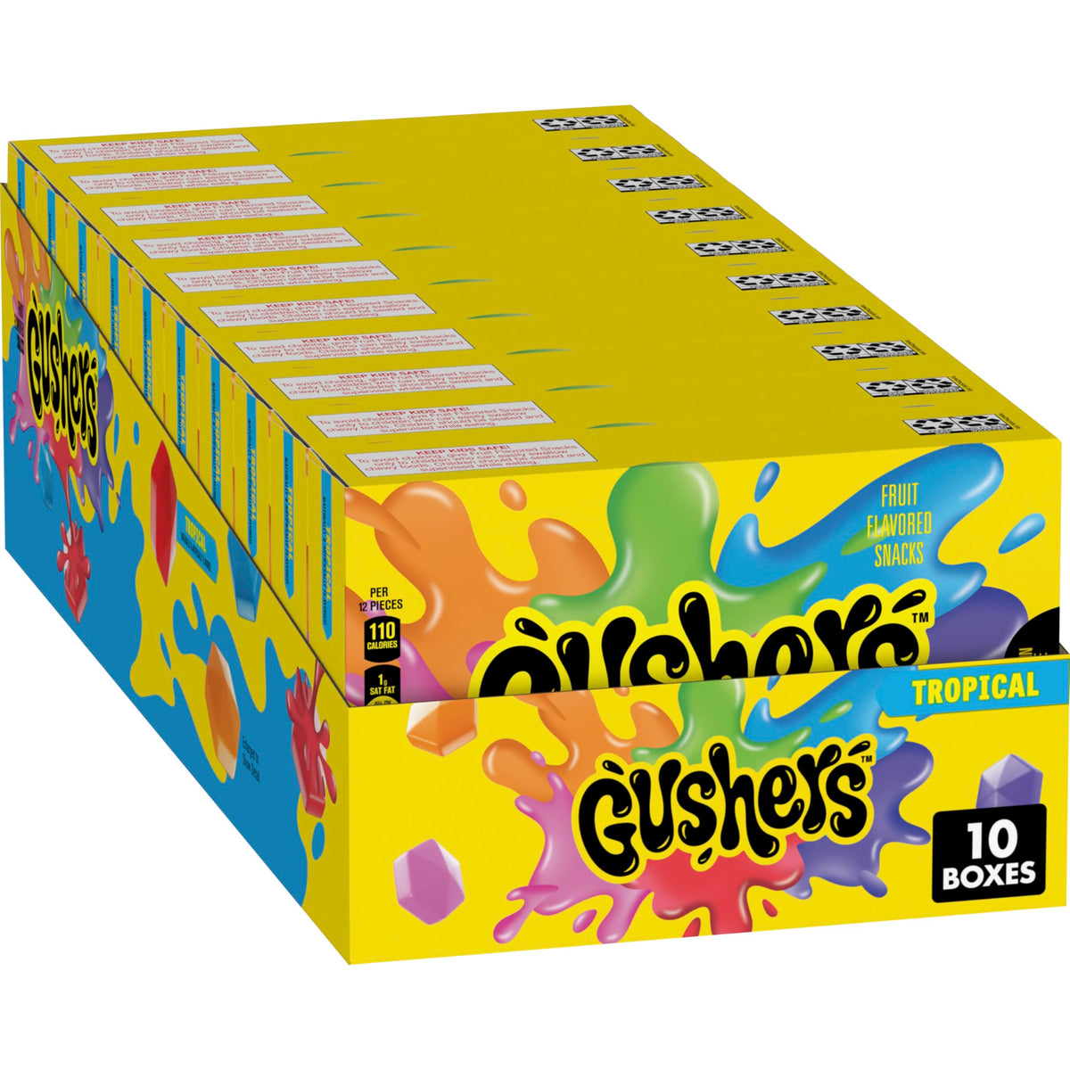 Gushers Tropical Movie Box mini pouch bursts with fruity center for a fun snack on the go