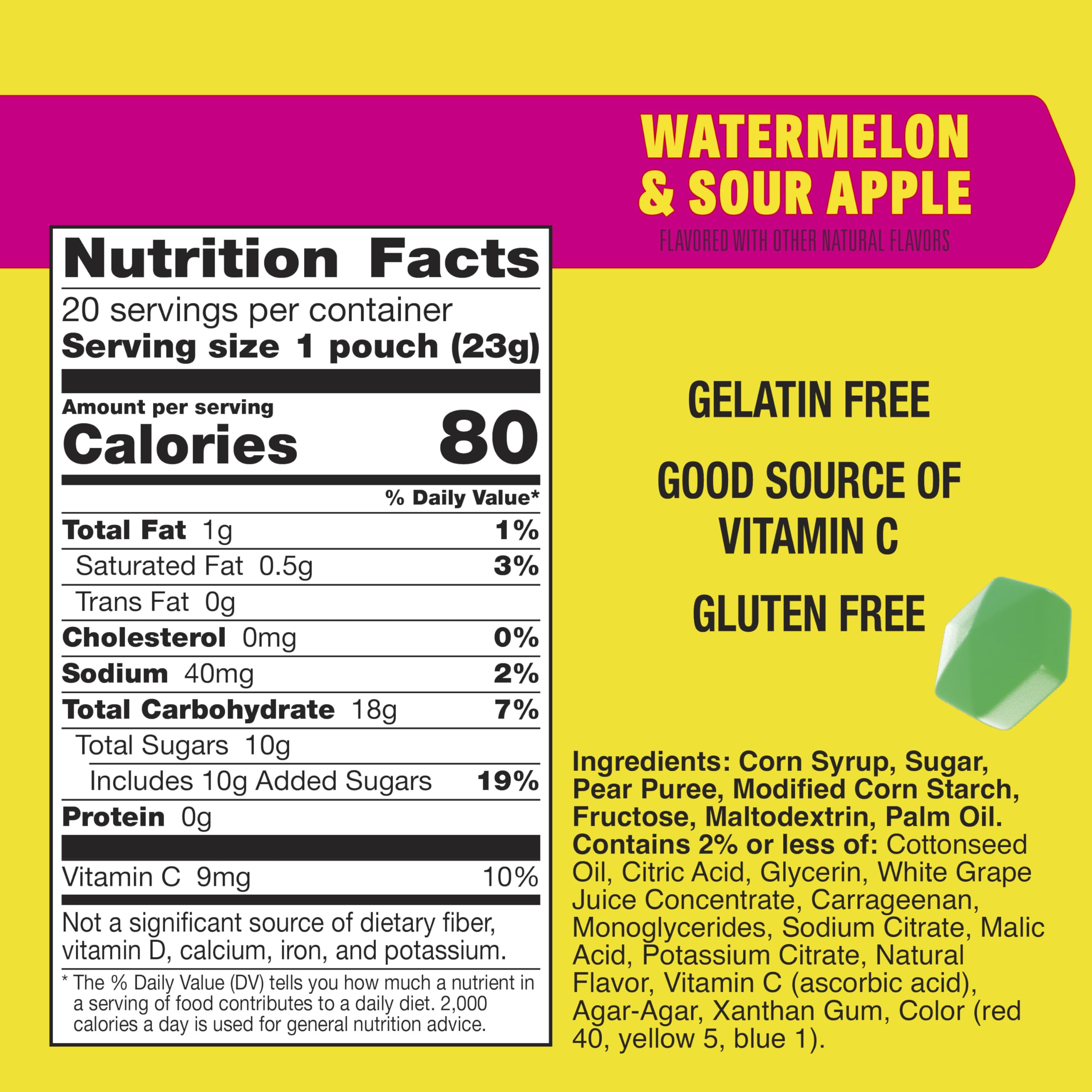 Gushers two-flavor fruit snacks feature Watermelon and Sour Apple in one bite.