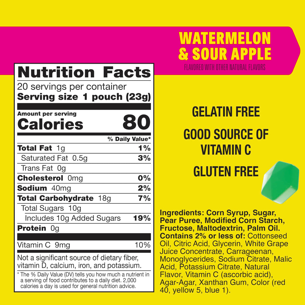 Gushers two-flavor fruit snacks feature Watermelon and Sour Apple in one bite.