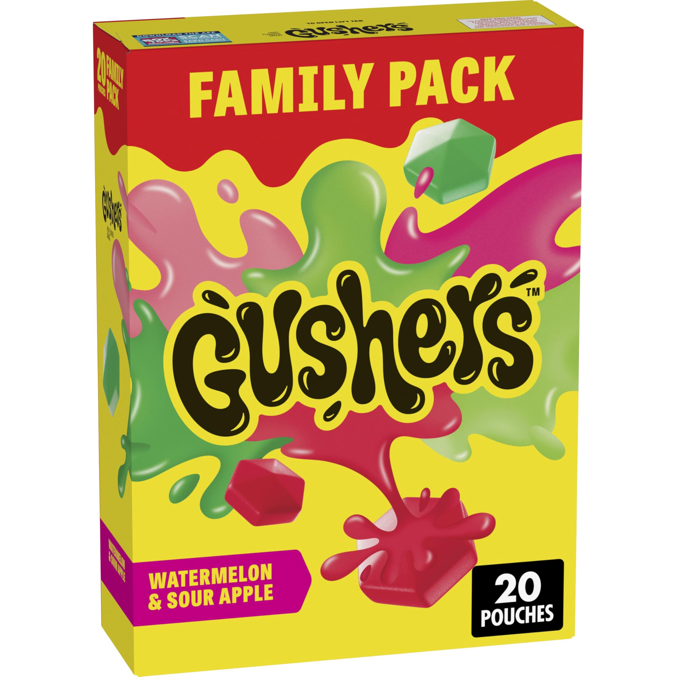 Gushers watermelon-sour-apple pouch shows the juicy liquid center for lunchboxes.