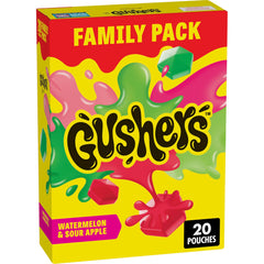 Gushers watermelon-sour-apple pouch shows the juicy liquid center for lunchboxes.